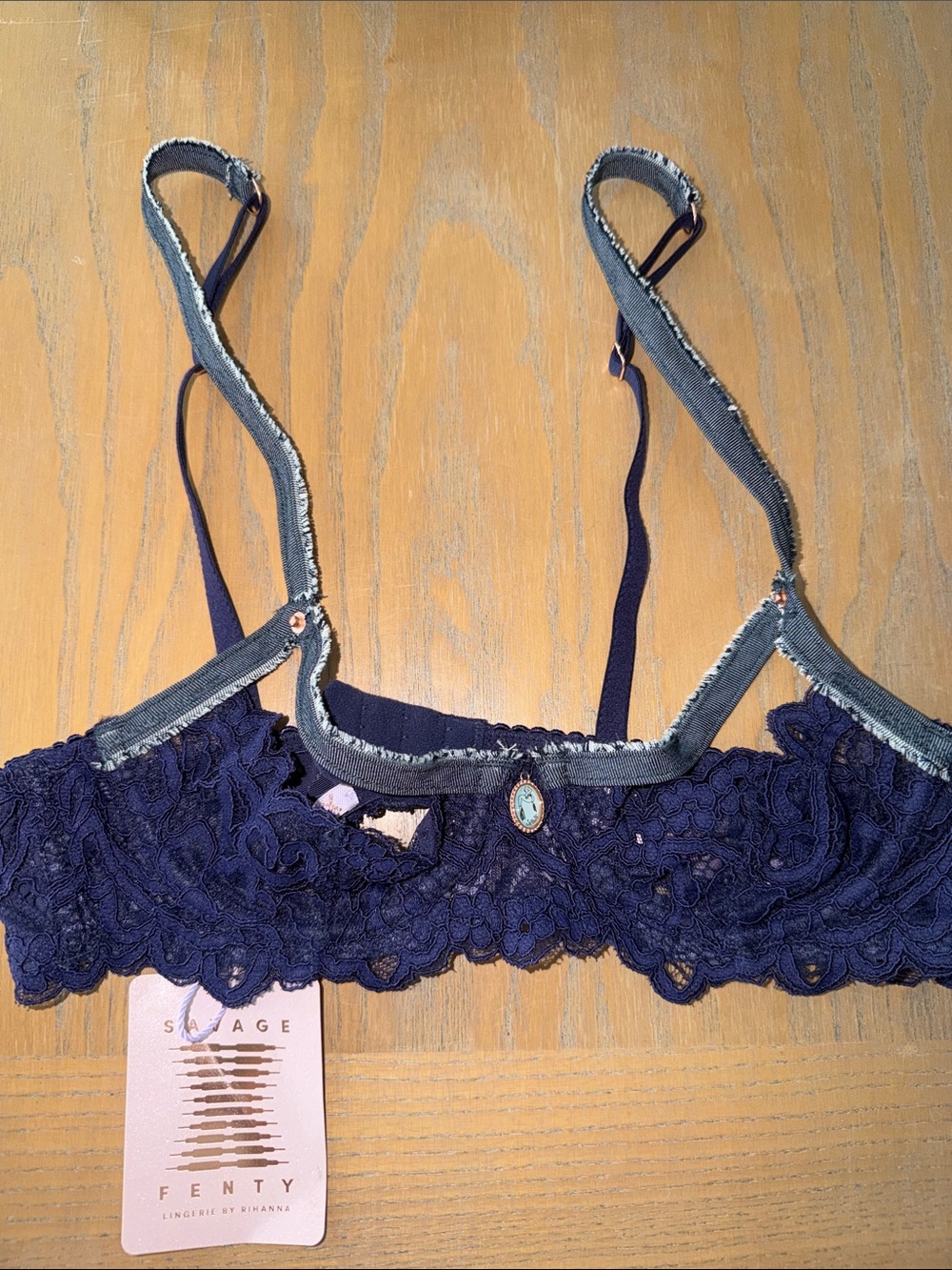Savage X Fenty Deep Navy Lace Bralette with Trim